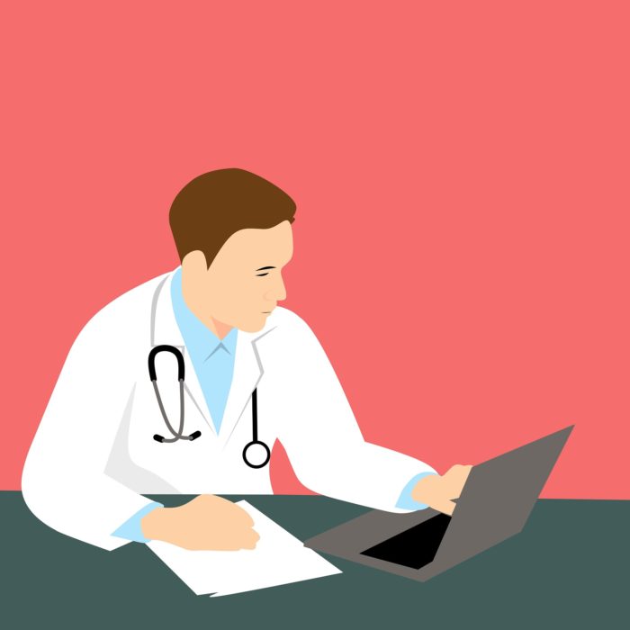 Drawing of doctor working on laptop